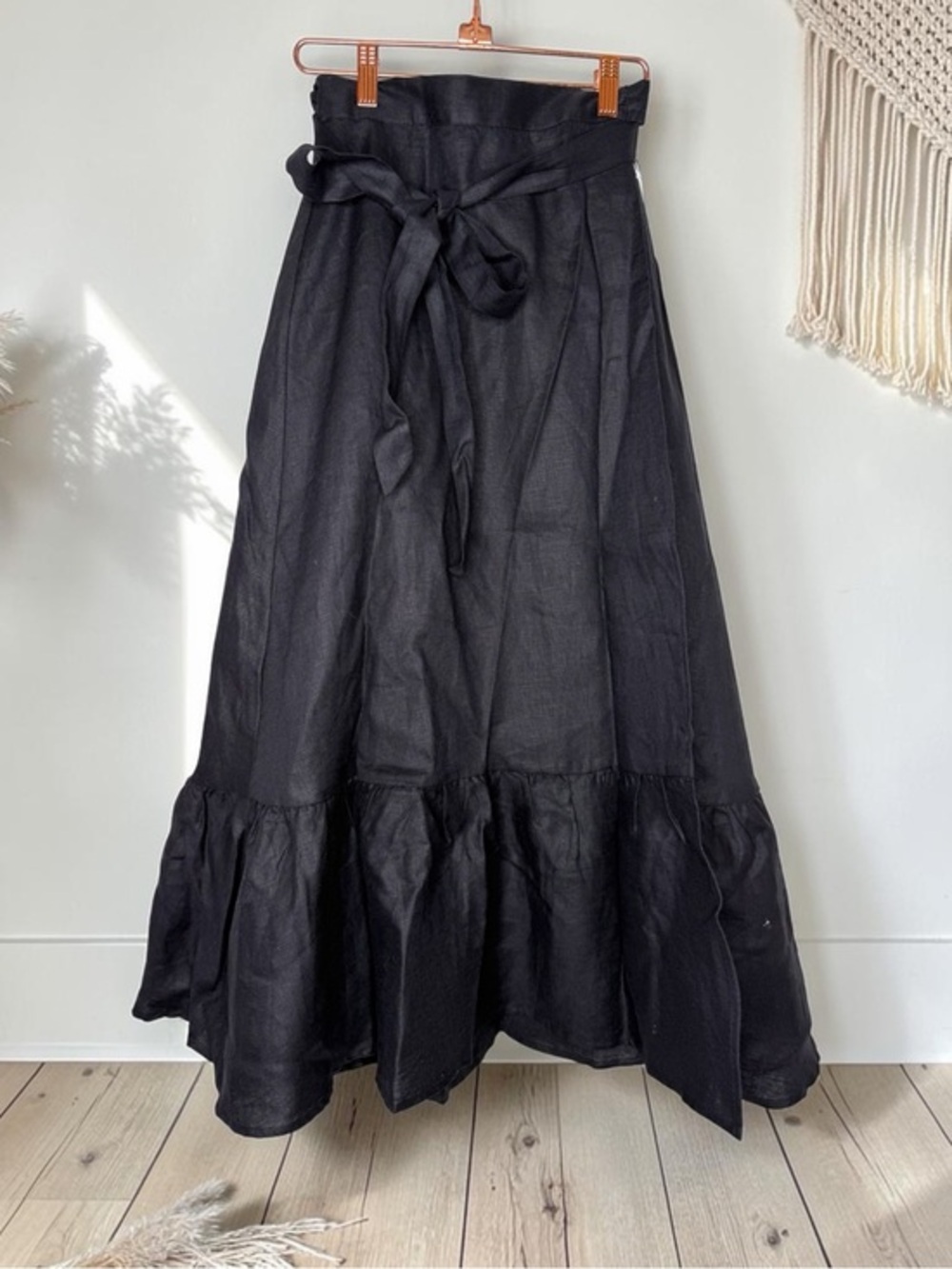 Reformation ANTHRO Julep Black Tiered Linen Skirt Side Slit and tie SMALL